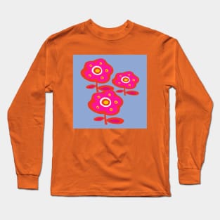 Pretty Ditsy Hot Pink Daisy Flowers on Sky Blue Background Long Sleeve T-Shirt